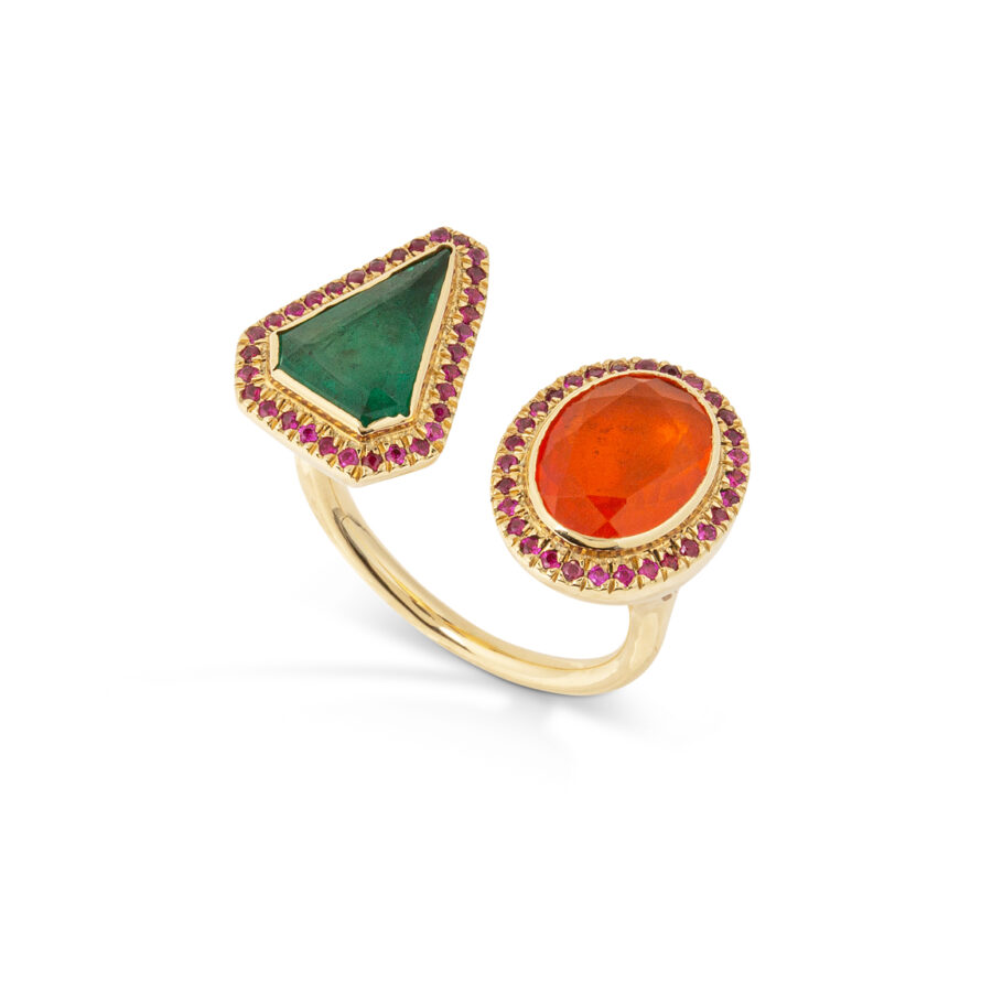 Mexican Fire Opal, Emerald and Ruby Torque Ring